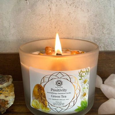 Organic Aromatherapy Fragranced Citrine Gemstone, Lemon And Camomile Wooden Wick Candle.