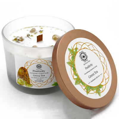 Organic Aromatherapy Fragranced Citrine Gemstone, Lemon And Camomile Wooden Wick Candle.
