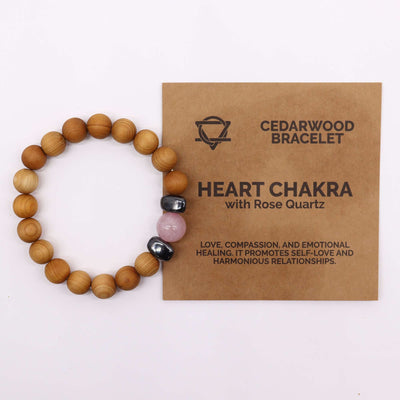 Men's Cedarwood Heart Chakra Beads Bracelet With Rose Quartz Gemstone.