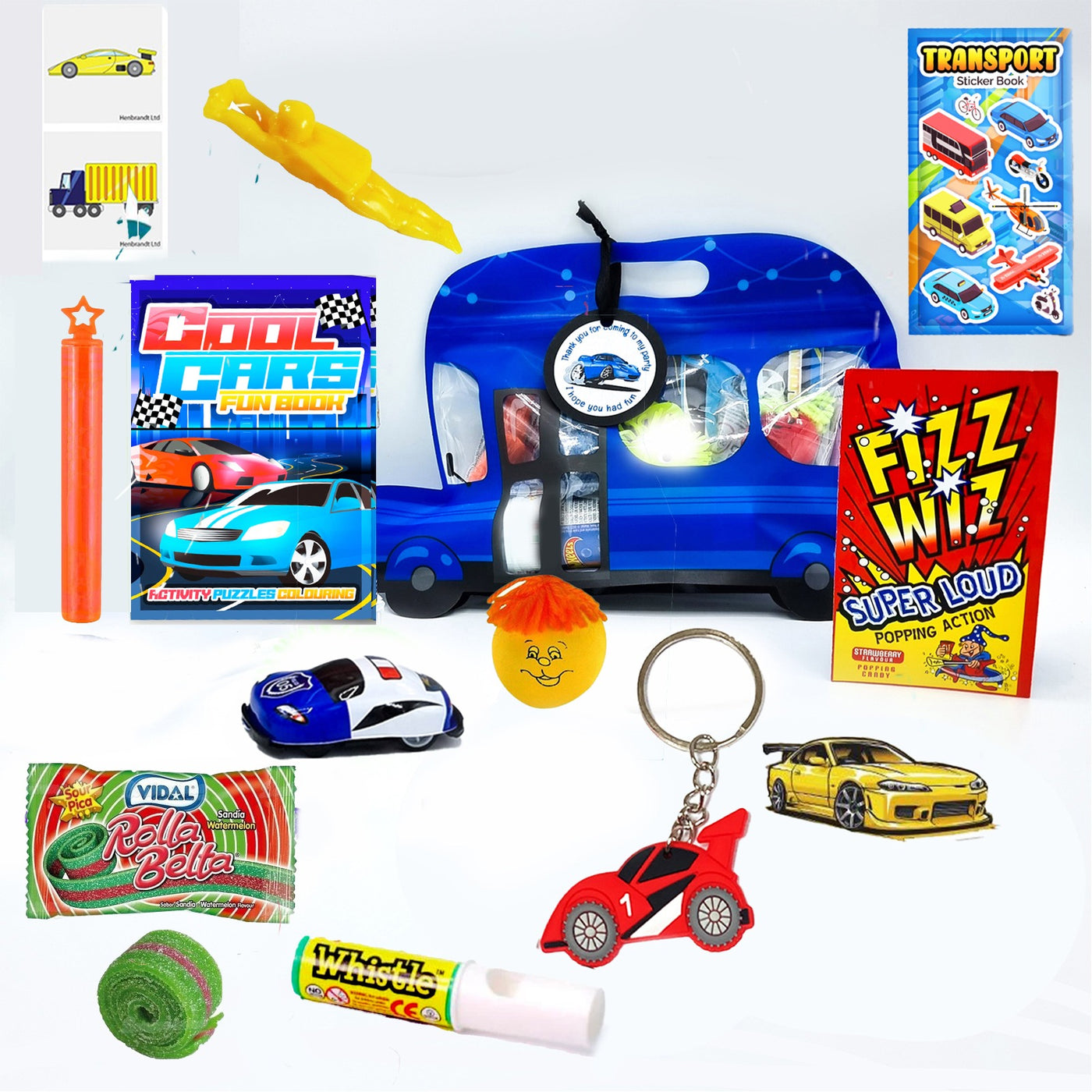 Children's Pre Filled Blue Cars Party Goody Bags With Toys And Sweets, Bus Transport Party Favours For Boys.