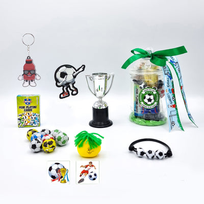 Pre Filled Football Party Bags In Mini Vintage Jars With Sweets And Toys. Football Party Favours For Boys And Girls.