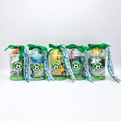 Pre Filled Football Birthday Party Bags In Vintage Jars With Sweets And Toys For Kids.