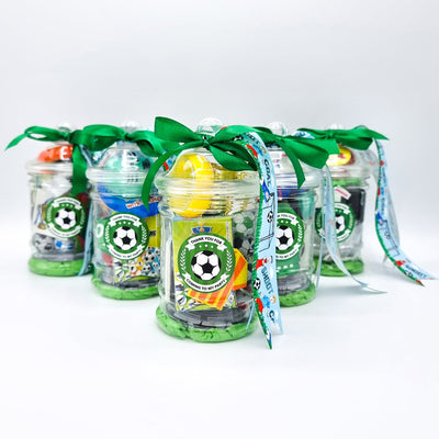 Children Pre Filled Football Birthday Party Bags In Vintage Jars With Sweets And Toys For Boys And Girls 