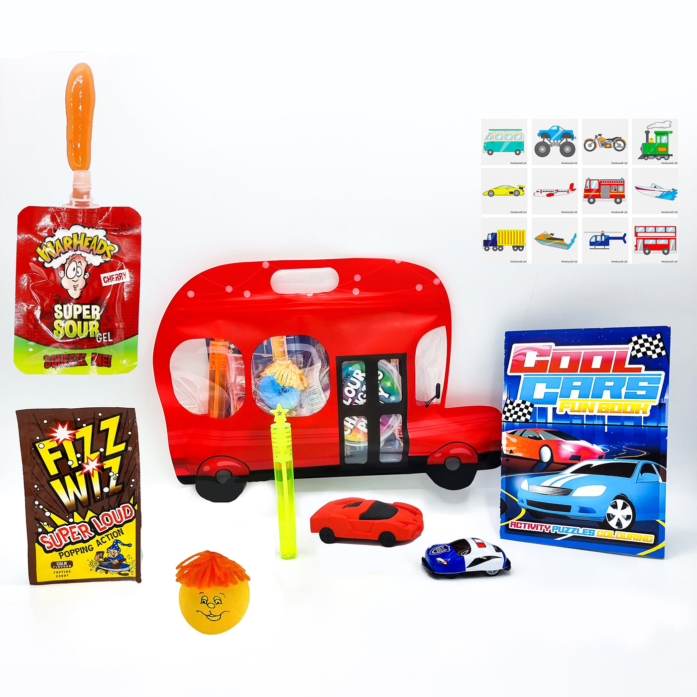Children's Pre Filled Cars Red Bus Party Goody Bags With Toys And Sweets. Boys Party Favours.