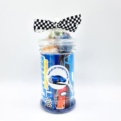 Pre Filled Racing Cars Birthday Party Goody Bags In Vintage Jars For Boys.