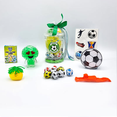 Pre Filled Football Party Bags In Mini Vintage Jars With Sweets And Toys. Football Party Favours For Boys And Girls.