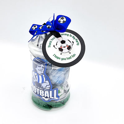 Pre-filled Children's Party Football Goody Bags In Vintage Jars With Fridge Magnet, Toys, Sweets For Boys And Girls.