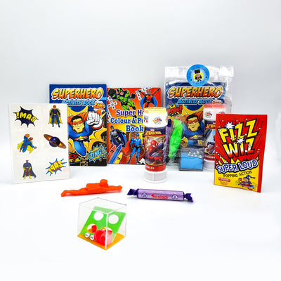 Pre-Filled Superhero Batman Superman Birthday Party Goody Bags With Toys And Sweets For Children.
