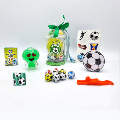 Pre Filled Football Birthday Party Bags In Vintage Jars With Sweets And Toys For Boys And Girls.