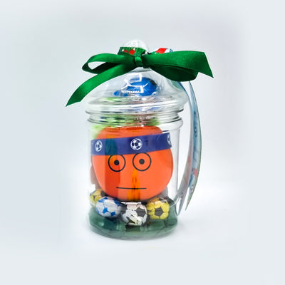 Pre Filled Football Party Bags In Mini Vintage Jars With Sweets And Toys. Football Birthday Party Favours For Boys And Girls.