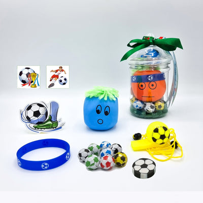 Pre Filled Football Party Bags In Mini Vintage Jars With Sweets And Toys. Football Birthday Party Favours For Boys And Girls.
