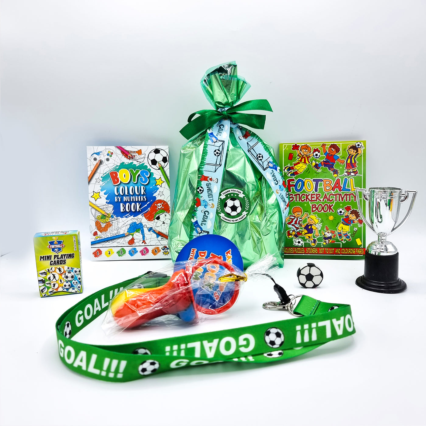 Pre-filled Boys Green Gold Football Party Goody Bags With Toys And Vegan Sweets.