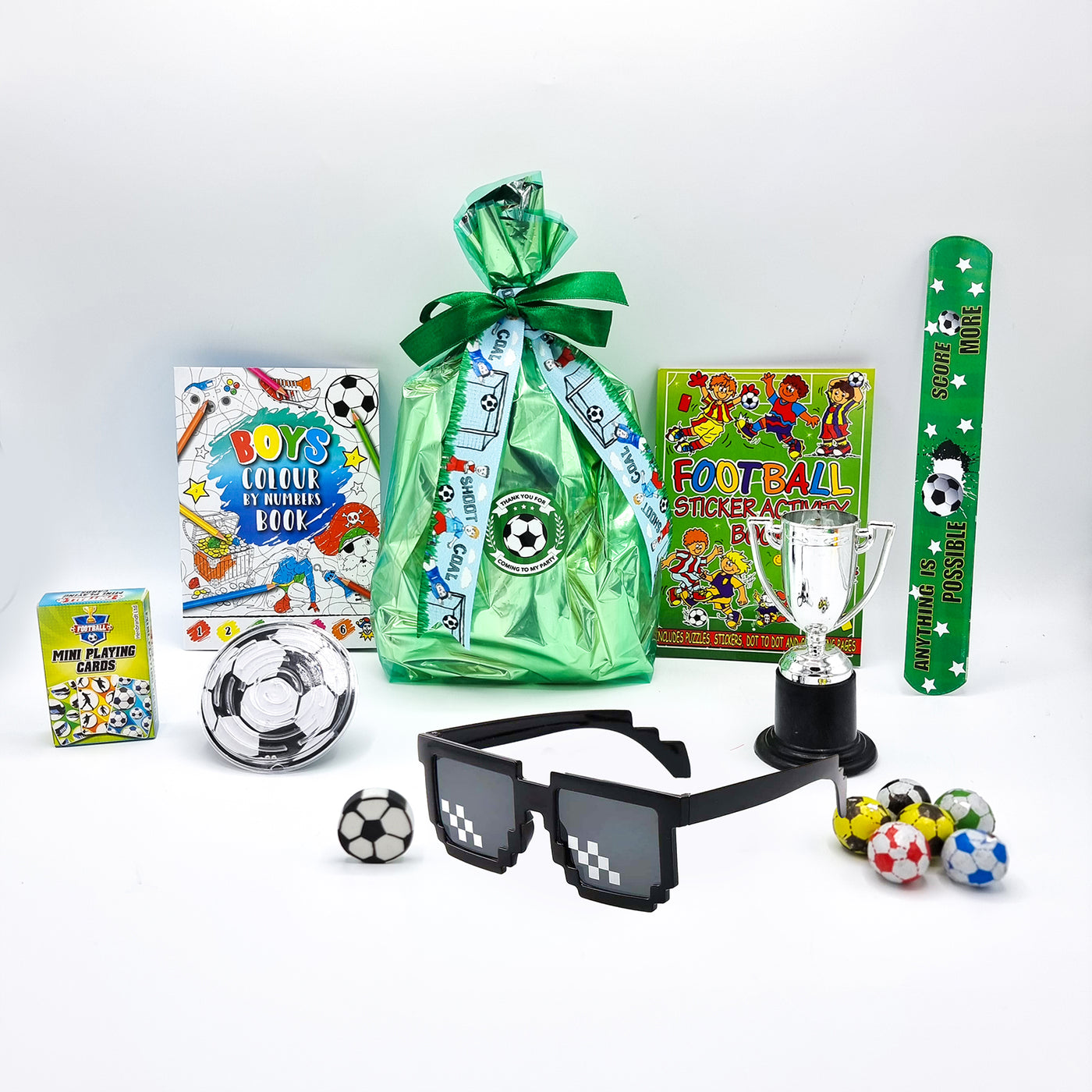 Pre-filled Boys Green Gold Football Party Goody Bags With Toys And Vegan Sweets.