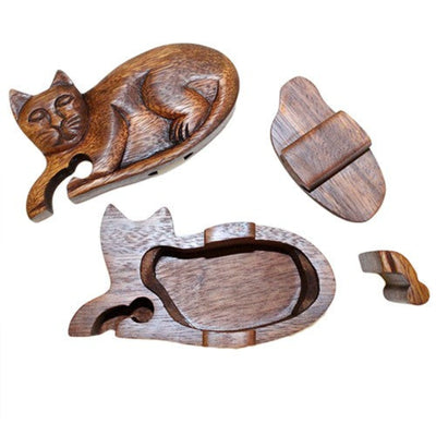 Handmade Cat Shaped Wooden Magic Puzzle Storage Box.