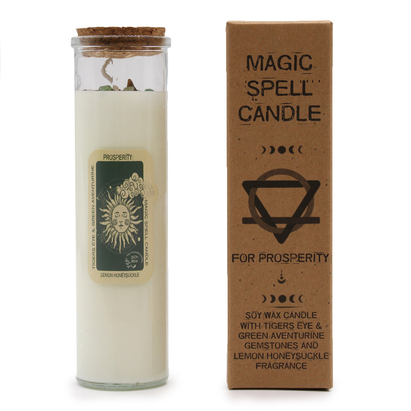 Magic Spell Tiger's Eye & Green Aventurine Gemstone Prosperity Fragranced Soy Wax Candles. Fragrance Lemon And Honeysuckle