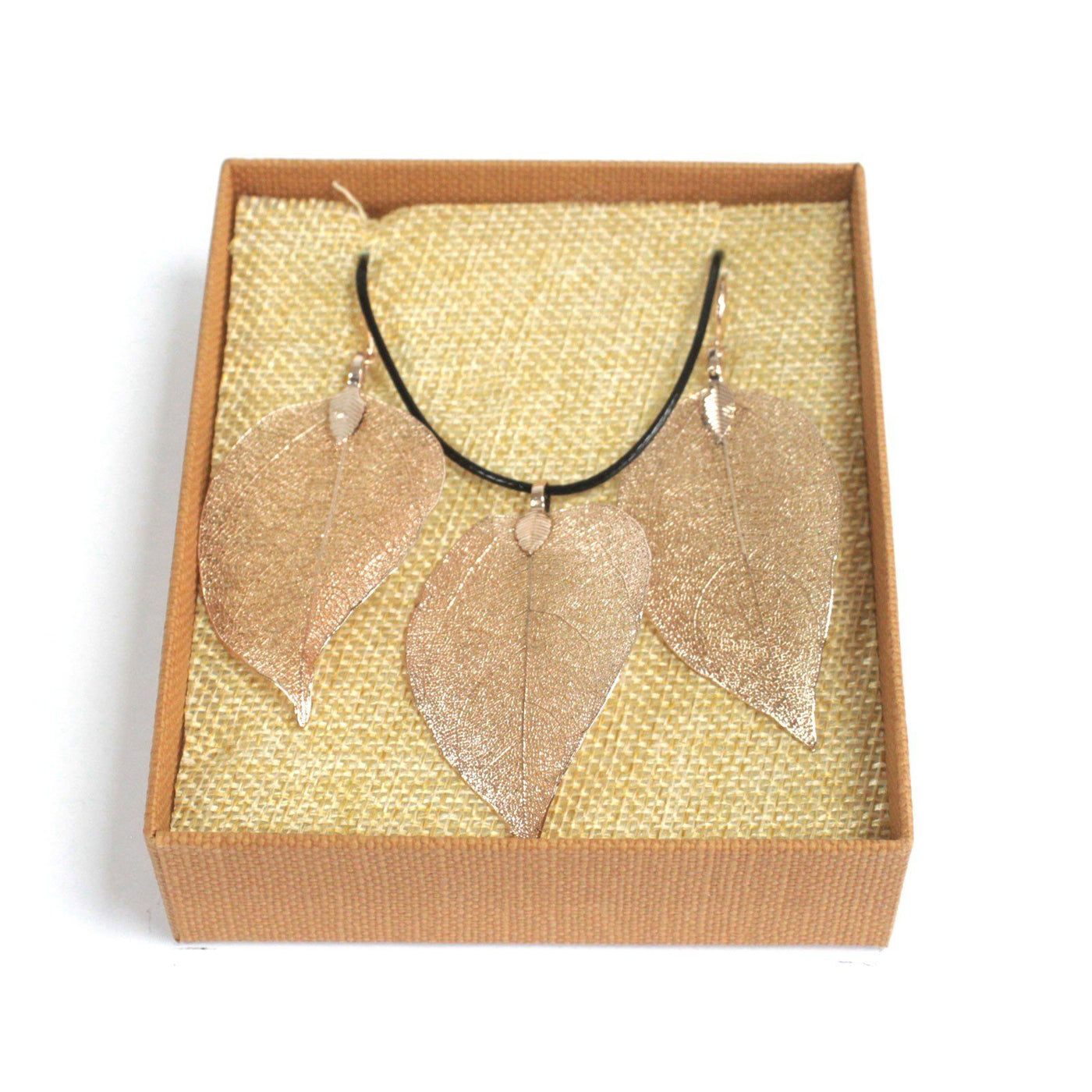 Natural Gold Pink Necklace & Earring Leaf Jewellery Set.