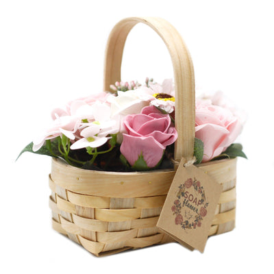 Medium Pink Fragranced Body Soap Flowers Bouquet In Wicker Gift Basket.