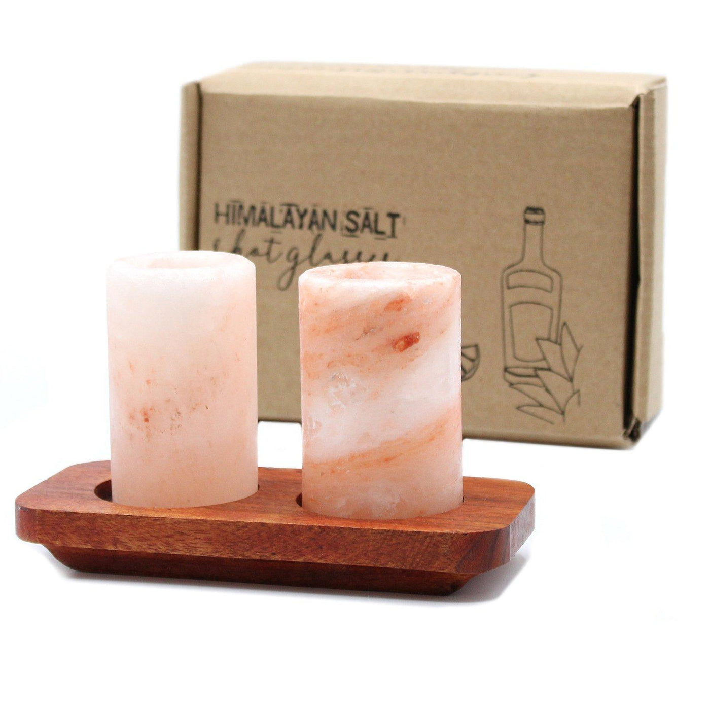 Set Of 2 Himalayan Salt Shot Glasses With Wooden Serving Tray.
