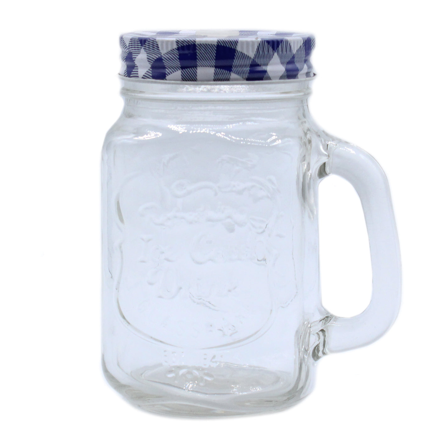 Retro Clear Mason Jar With Blue Checked Lid, For Cold Drinks.