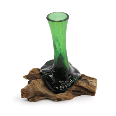 Sustainable Molten Glass Flower Vase On Wooden Base