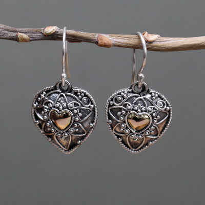 Women's Gold And Silver Heart Exotic Earrings.