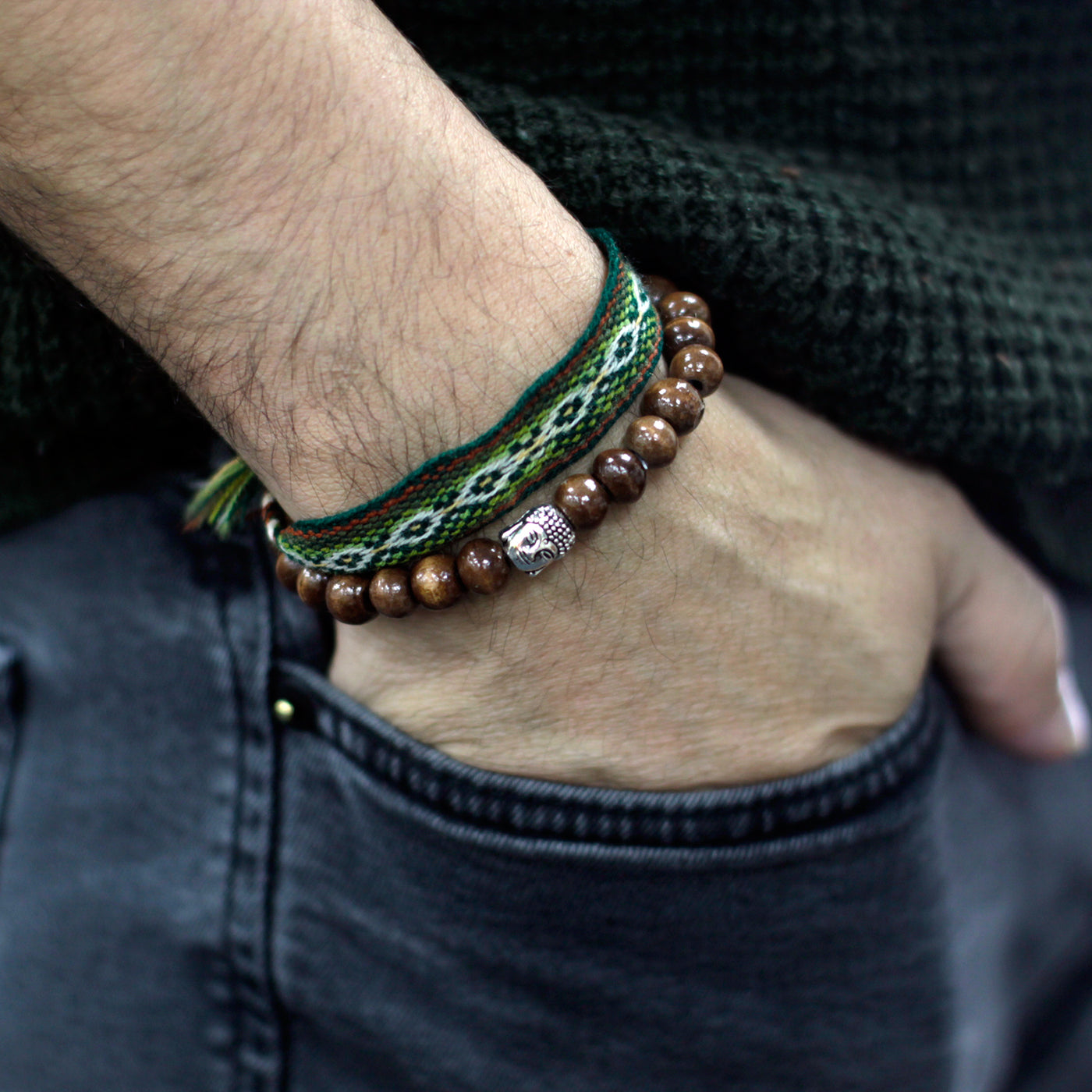 Dark Wooden Beads & Buddha Unisex Bracelet