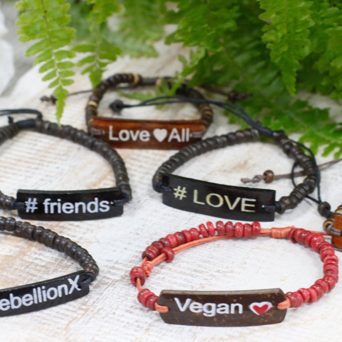 Set Of 6 Multicolour Unisex Coconut Wood Slogan Beaded Bracelets Vegan
