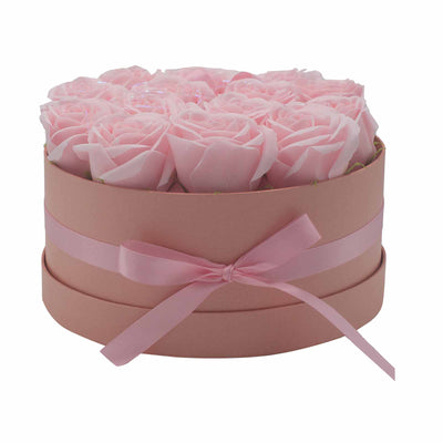 Body Soap Fragranced Flowers Gift Rose Bouquet - 14 Pink Roses In Round Gift Box.