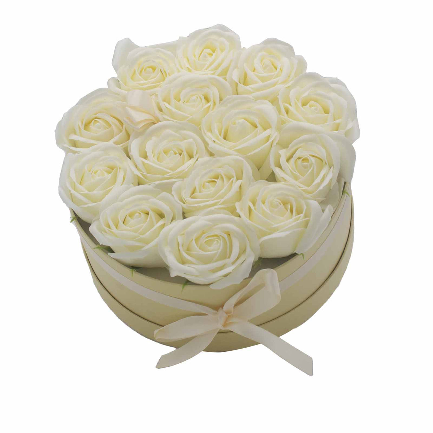 Body Soap Fragranced Flowers Gift Rose Bouquet - 14 Cream Roses In Round Gift Box.