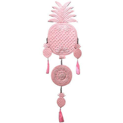 Large Bali Style Aluminium Pineapple Wall Decor With Tassels In Pink, Mint And White.