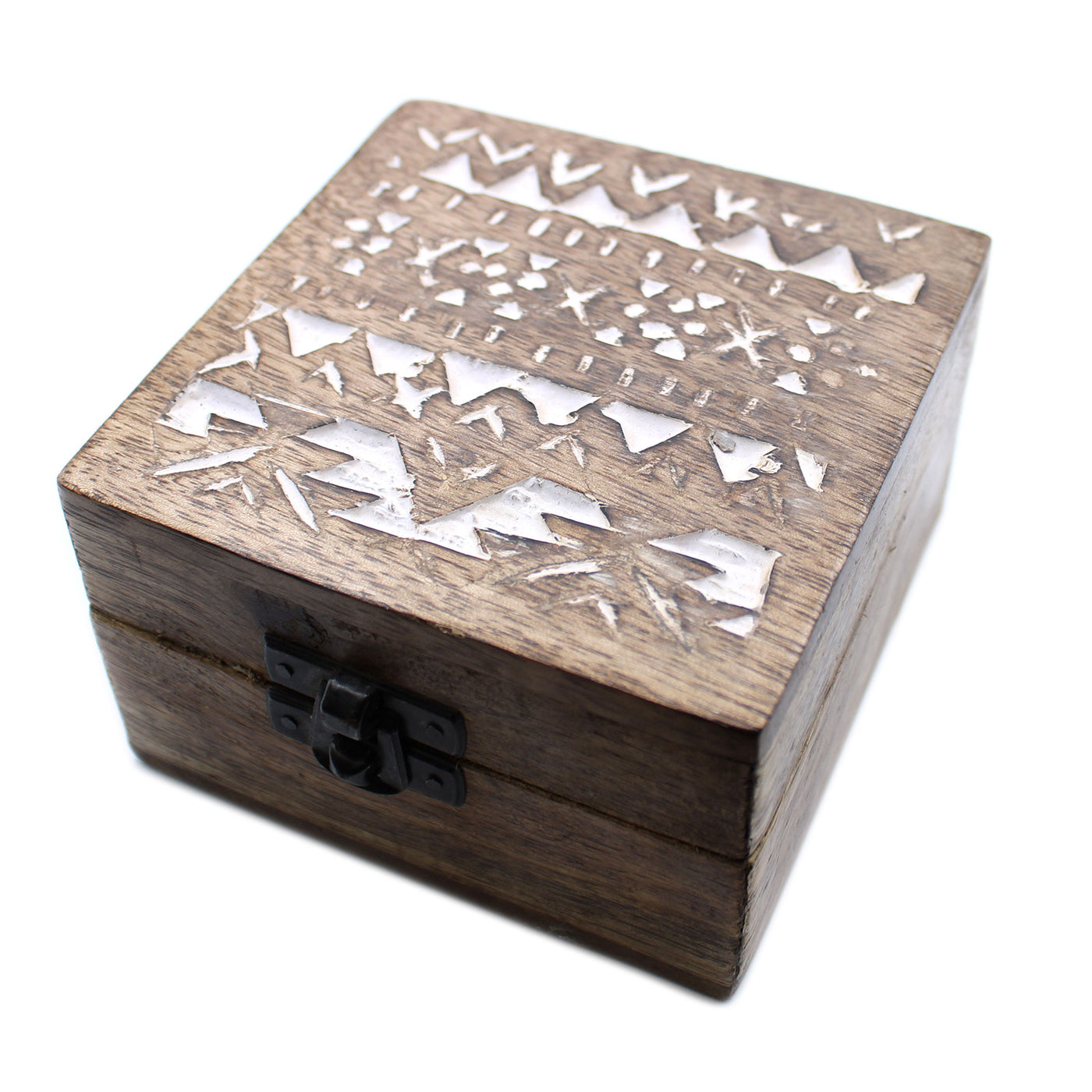 White Washed Wooden Storage Box - Slavic Design 4 x 4 Inch. 