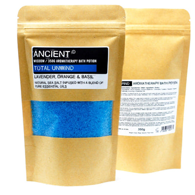 Aromatherapy Essential Oils And Sea Salt Bath Potion in Kraft Bag 350g Total Unwind.