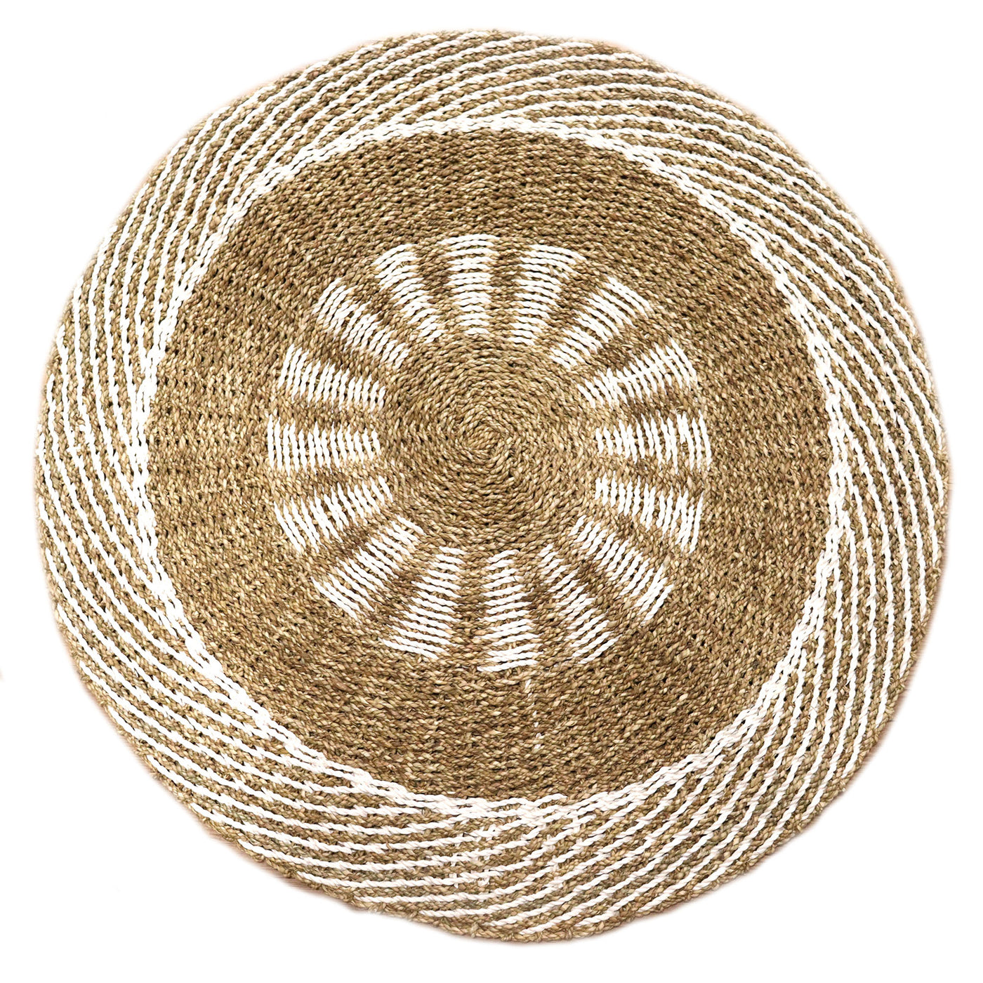 Round Hand-Woven Seagrass Rug White & Tan Inner Sun - 1m.