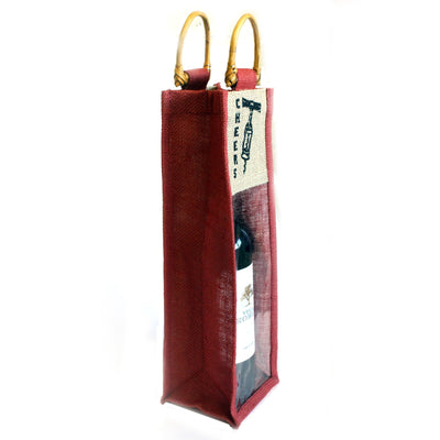 Burgundy Jute Wine Gift Bags With Clear Window And Cane Handle.