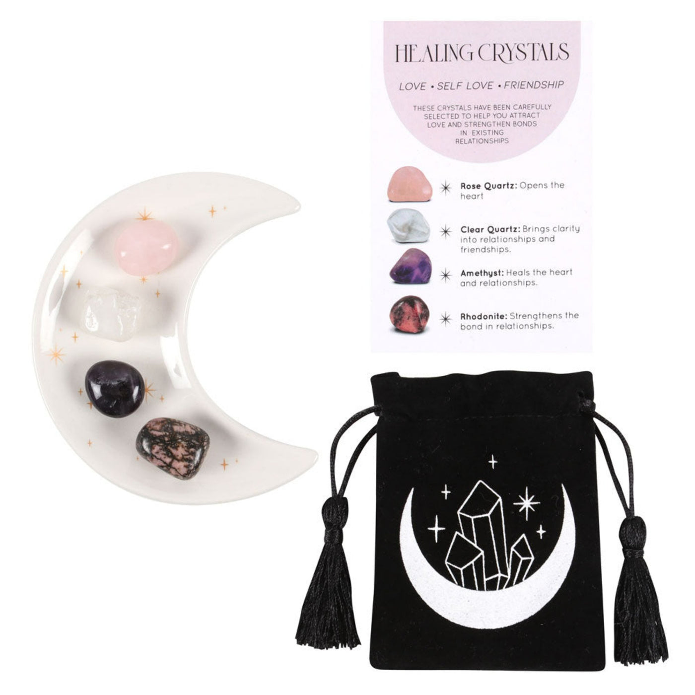 Love Healing Crystal Gift Set With Moon Trinket Dish.