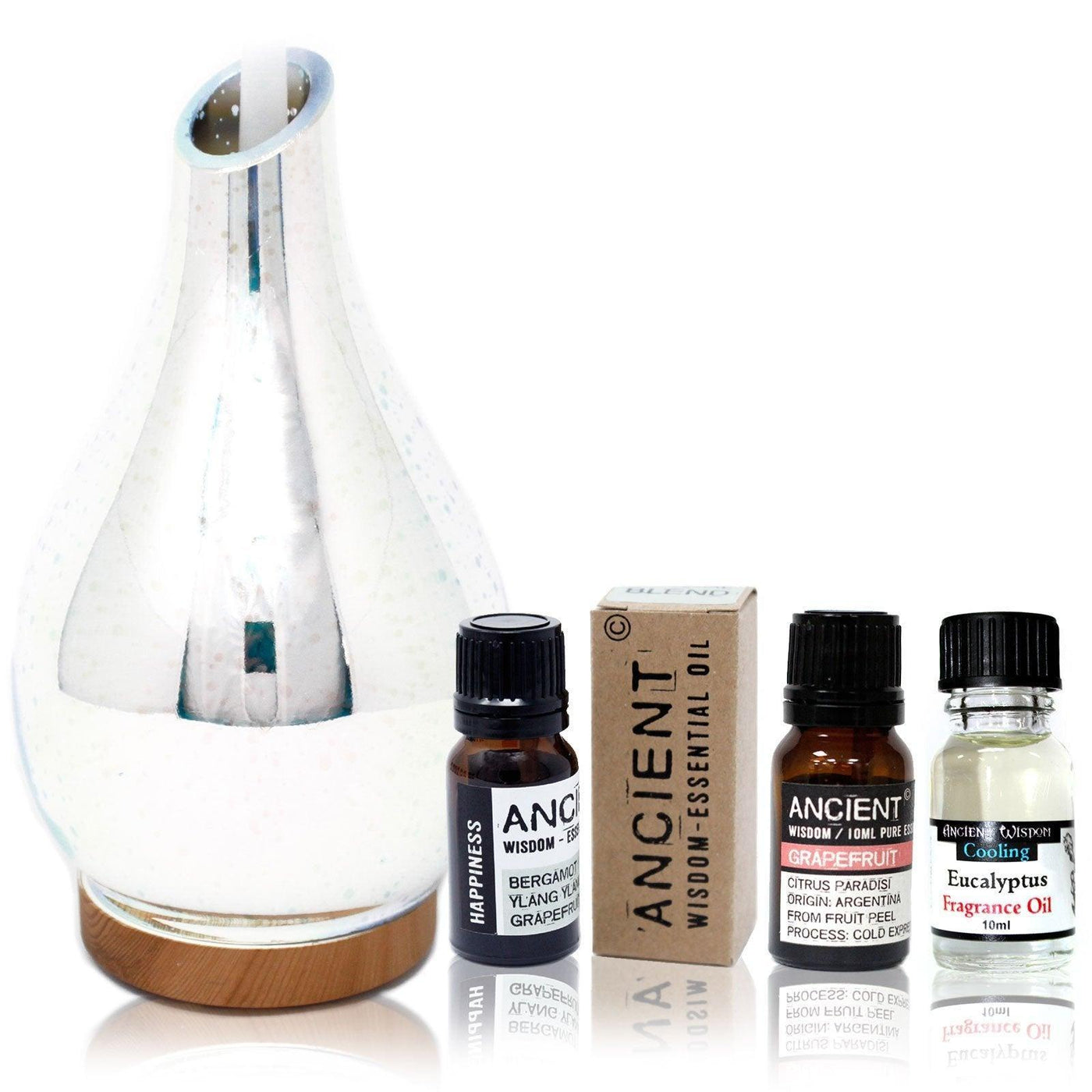 Ibiza Glass Metallic LED Light And Timer Aroma Diffuser And Essential Oils Set.
