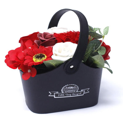 Luxury Rich Reds Body Soap Flowers Bouquet Petite Basket Gift Set.