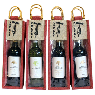 Natural Burgundy Jute 'Cheers' Printed Wine Gift Bags With Clear Window And Cane Handle.