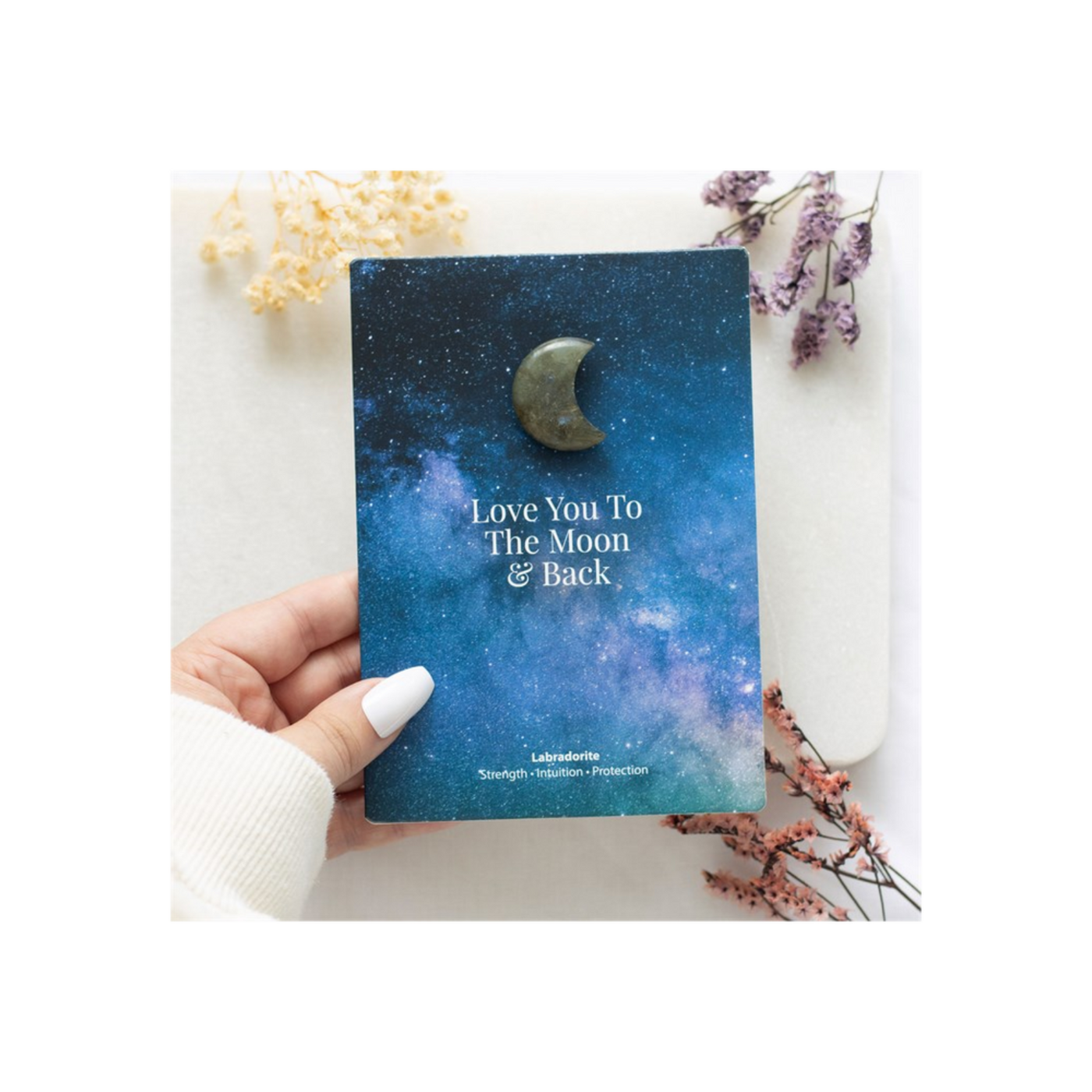 Love You To The Moon & Back Labradorite Moon Shaped Crystal On A Greeting Card.