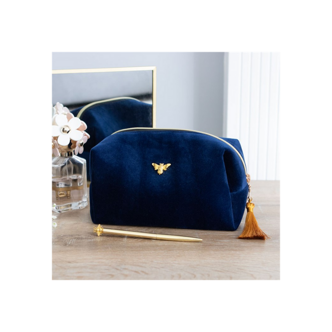 Velvet Makeup Bag With Gold Bee Design And Tassel.