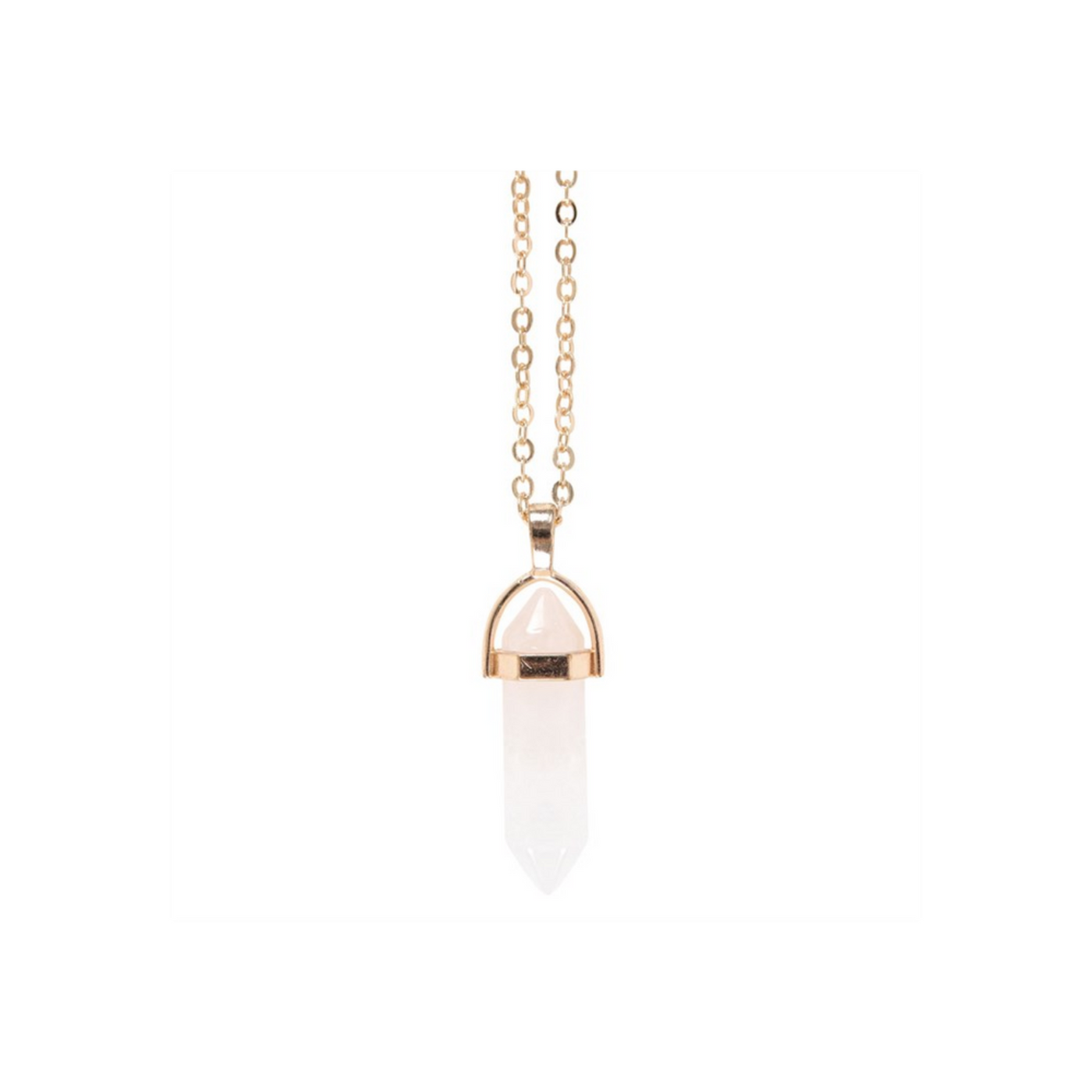 Clear Quartz Obelisk Gemstone Crystal Golden Necklace Card.