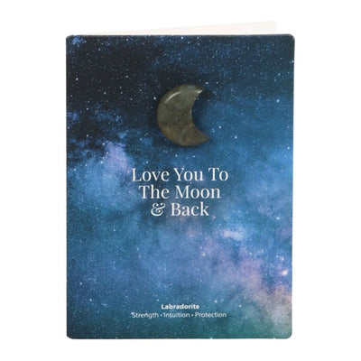 Moon & Back Labradorite Moon Shaped Crystal On A Greeting Card.