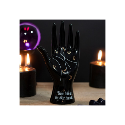 Black Ceramic Palmistry Hand Ornament, Jewellery Holder.