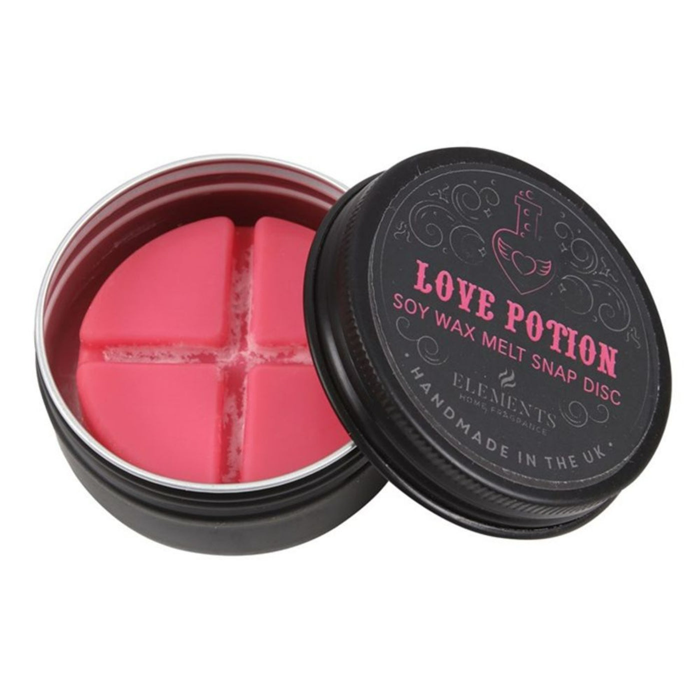 Love Potion Eco Soy Wax Snap Disc In A Metal Tin.