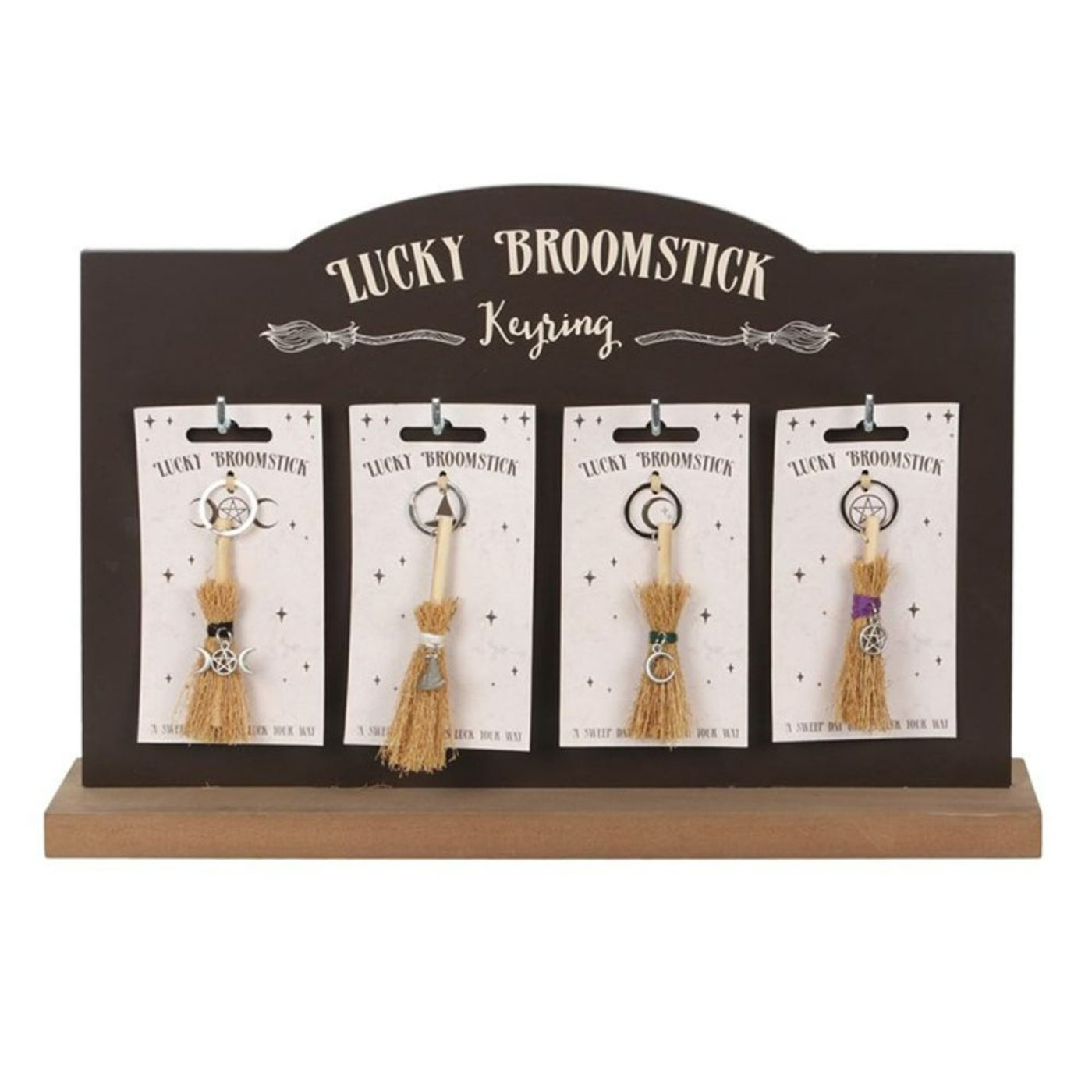 Set Of 24 Lucky Broomstick Keyrings On Display, Party Favours.