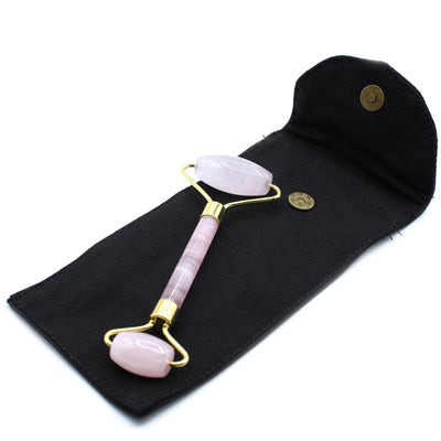 Double Sided Gemstone Face Roller In Cotton Pouch - Rose Quartz.