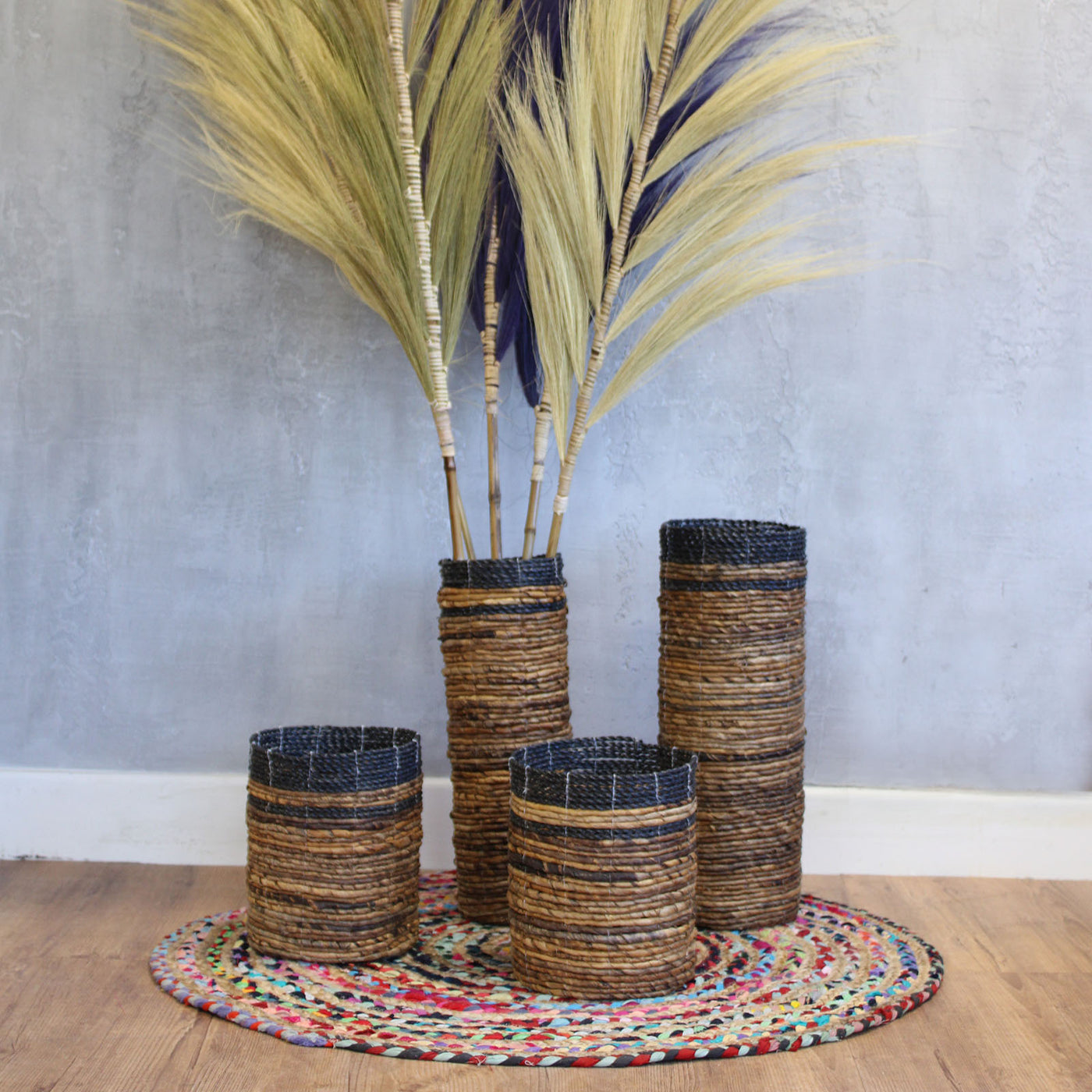 Set Of 4 Handwoven Seagrass Vases & Bins Set.