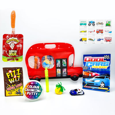 Pre filled transport cars party bags for boys with sweets and toys. Boys party favours, birthday party gifts. 