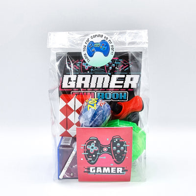 Pre filled birthday gamer party goody bags with toys and sweets for boys and girls, gaming party favours.