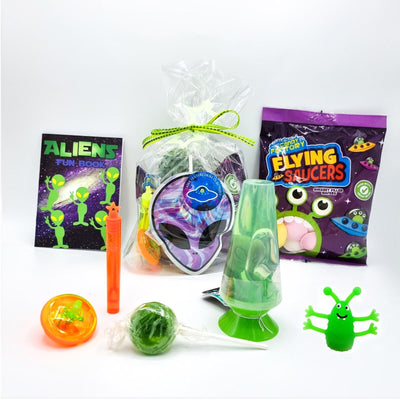Pre Filled Space Alien Birthday Party Goody Bags With Alien Toys, And Seets For Children.